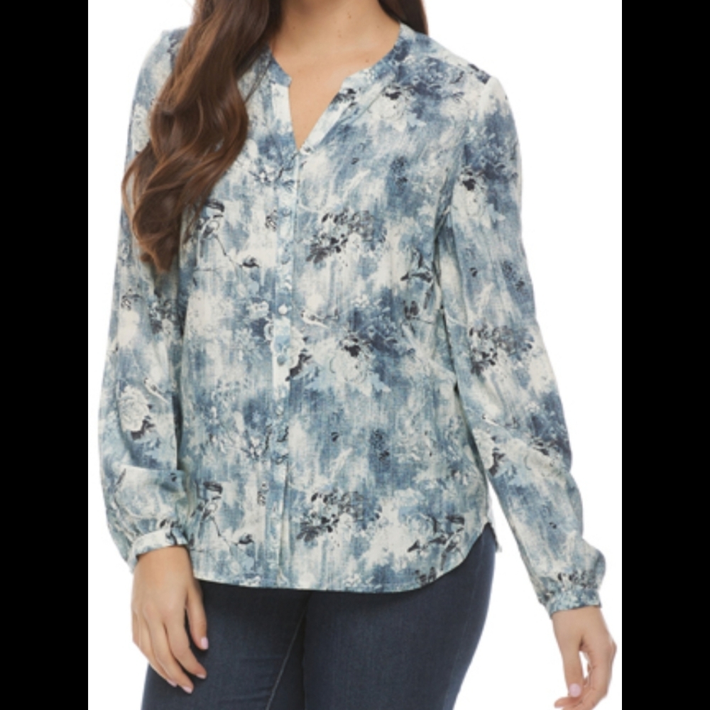 French Dressing Jeans Blue Floral with Birds Button Down Top 10